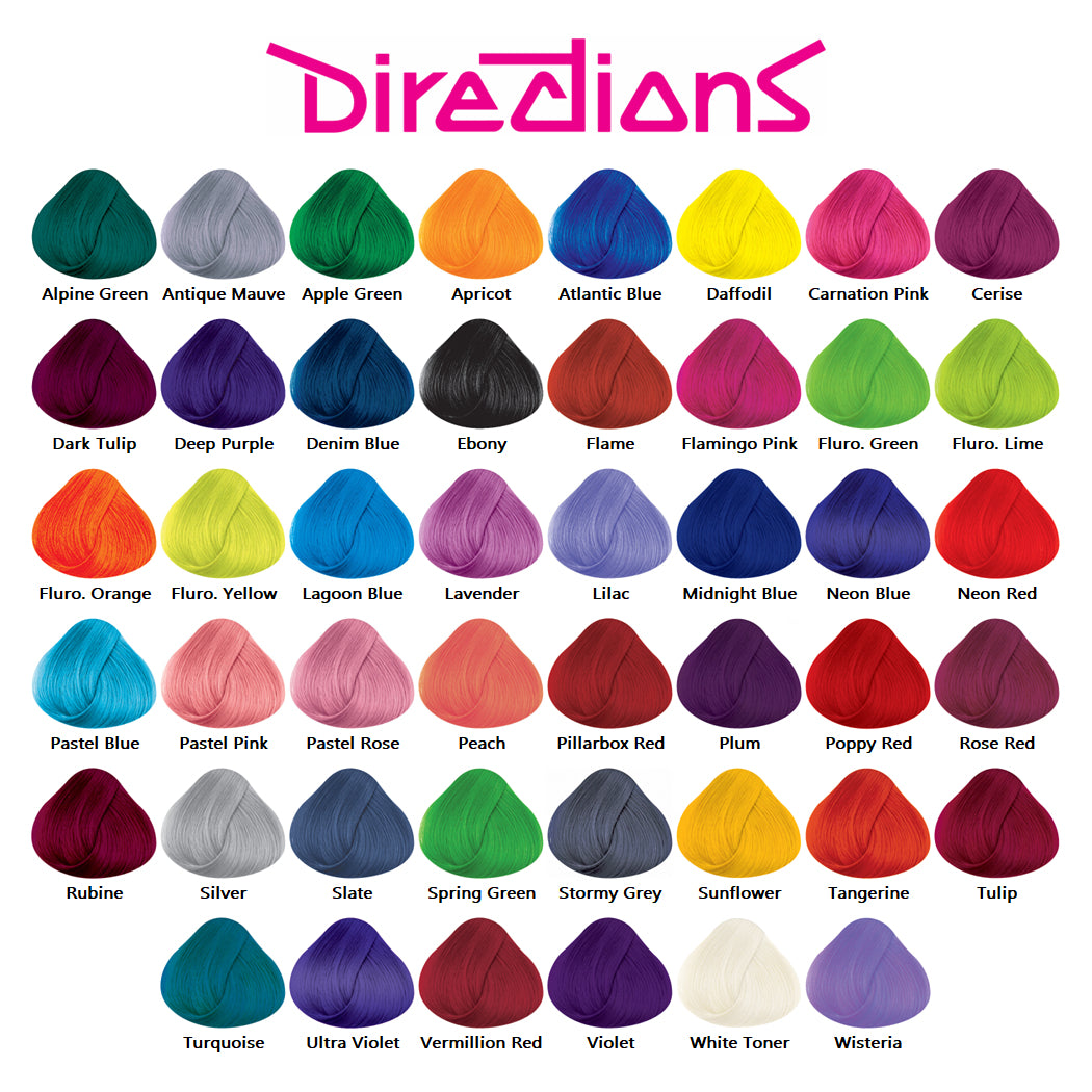 La Riche Directions hair colour chart showing the full range of 46 semi-permanent dyes