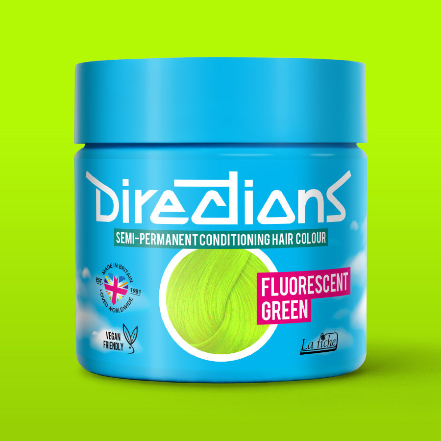 La Riche Directions Fluorescent Green pottle containing 100ml of semi-permanent hair colour