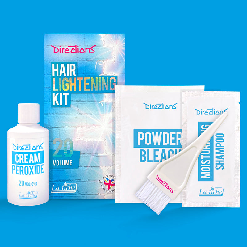 La Riche Directions 20 volume Hair Lightening Kit. Contains 20 volume cream peroxide 75ml, bleach powder sachet 25g, moisturising shampoo satchet, instruction sheet, tint brush, cap and gloves.