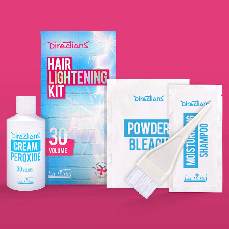 La Riche Directions 30 volume Hair Lightening Kit. Contains 30 volume cream peroxide 75ml, bleach powder sachet 25g, moisturising shampoo satchet, instruction sheet, tint brush, cap and gloves.