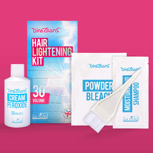 La Riche Directions 30 volume Hair Lightening Kit. Contains 30 volume cream peroxide 75ml, bleach powder sachet 25g, moisturising shampoo satchet, instruction sheet, tint brush, cap and gloves.