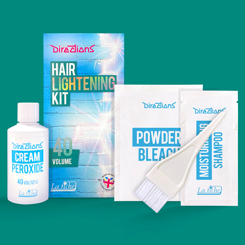 La Riche Directions 40 volume Hair Lightening Kit. Contains 40 volume cream peroxide 75ml, bleach powder sachet 25g, moisturising shampoo satchet, instruction sheet, tint brush, cap and gloves.