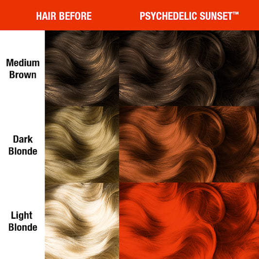 Manic Panic Classic Psychedelic Sunset dye hair colour before and after shade sheet