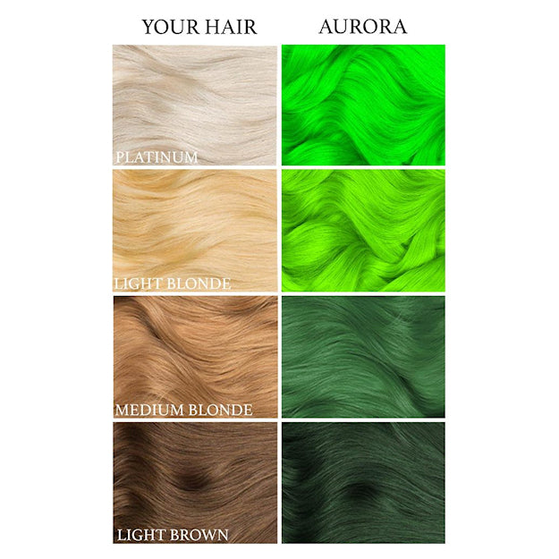 Lunar Tides Aurora Green dye hair colour before and after swatch