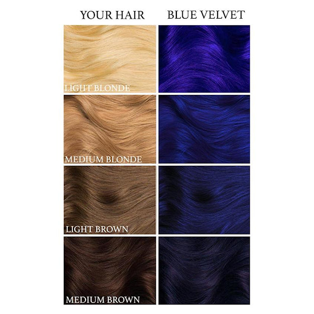 Lunar Tides Blue Velvet dye hair colour before and after swatch