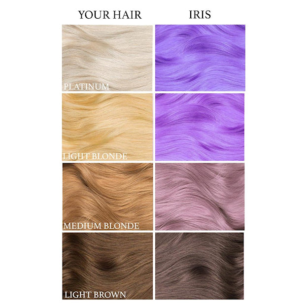 Lunar Tides Iris Purple dye hair colour before and after swatch