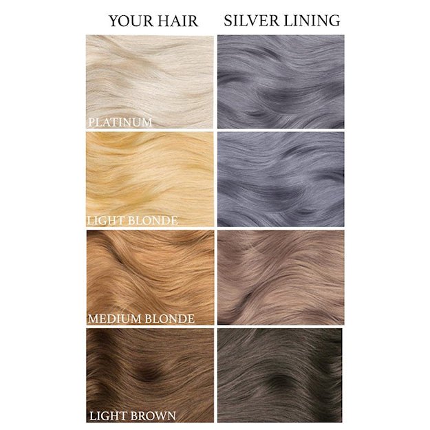 Lunar Tides Silver Lining dye hair colour before and after swatch