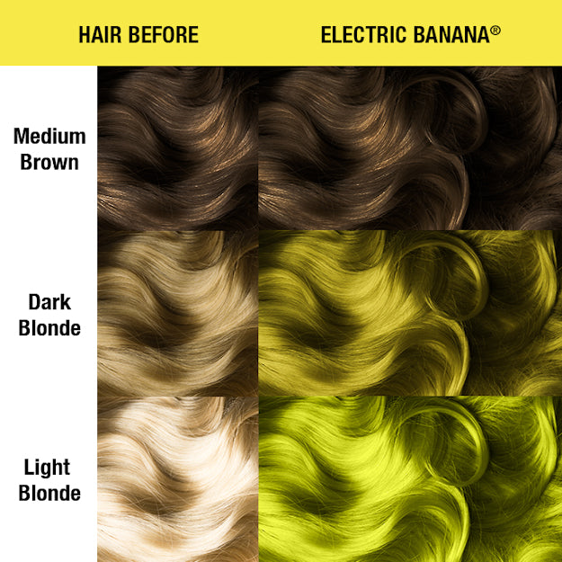 Manic Panic Amplified Electric Banana dye hair colour swatch before and after