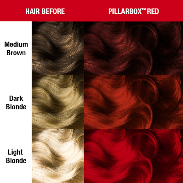 Manic Panic Classic Pillarbox Red dye hair colour before and after shade sheet