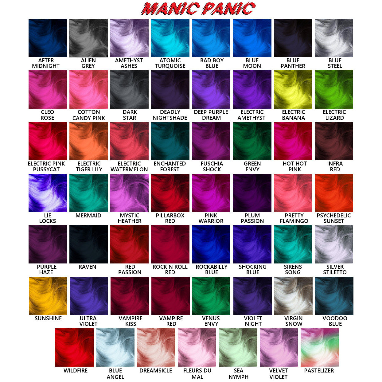Manic Panic Classic dye hair colour chart