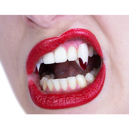 Scarecrow Vampire Fangs Classic Blood Tipped style worn by model